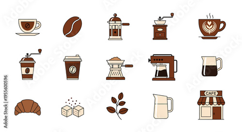 Set of coffee icons including cups, beans, and brewing equipment