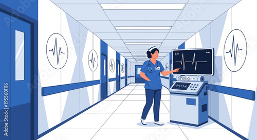 Nurse in hospital hallway with vital signs monitor and ECG display
