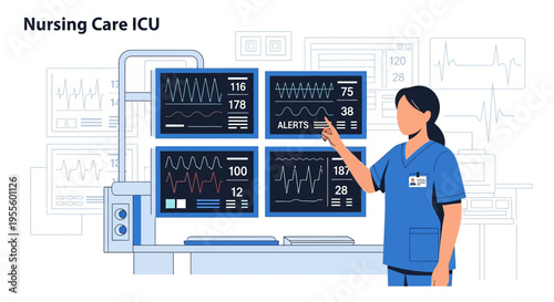 Nurse in ICU points to medical monitors showing vital signs and alerts