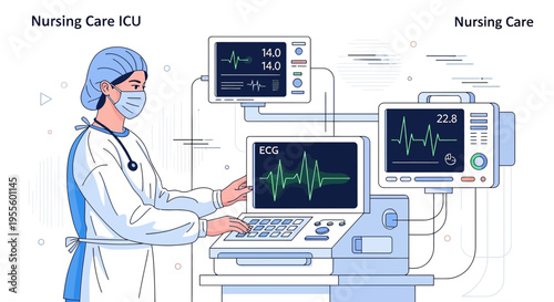 Nurse in ICU with Medical Equipment, ECG Monitor, Vital Signs Display