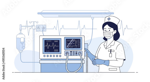 Nurse in Mask and Gloves with Medical Equipment, ICU, Healthcare, Technology