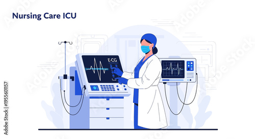 Nurse in ICU with Medical Equipment, ECG Monitor, and IV Drip