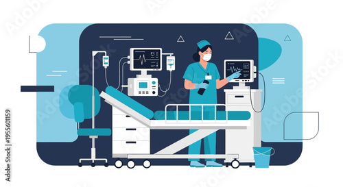 Nurse in ICU with Medical Equipment: Ventilator, Monitors, Hospital Bed