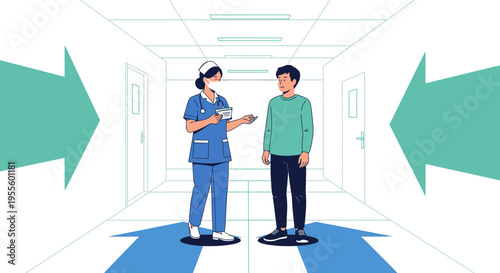 Nurse in mask talking to patient in hospital corridor with arrows indicating direction
