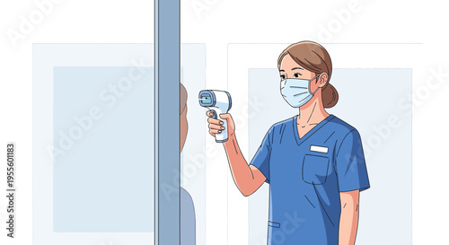 Nurse in mask checks temperature with infrared thermometer at entrance, pandemic prevention