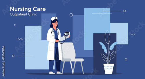 Nurse in Outpatient Clinic Holding Blood Pressure Monitor, Medical Care Concept