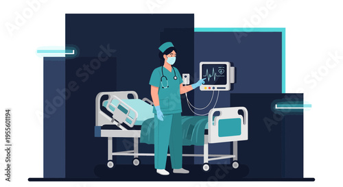 Nurse in Medical Mask Checks Patient Monitor in Hospital Room