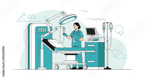 Nurse in medical examination room with modern equipment and IV drip
