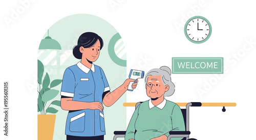 Nurse measures elderly woman's temperature with infrared thermometer in nursing home