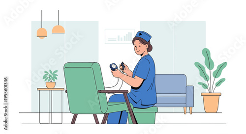Nurse measuring blood pressure of elderly patient in a cozy home setting