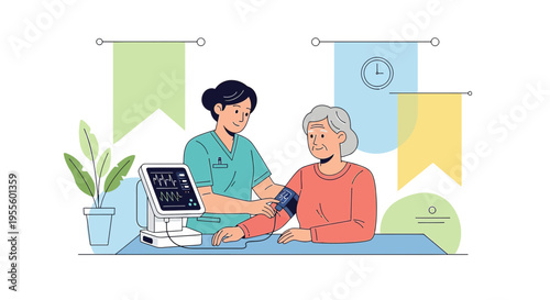 Nurse measuring blood pressure of elderly woman, healthcare concept