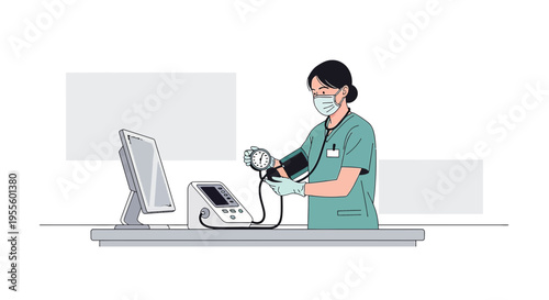 Nurse measuring blood pressure with sphygmomanometer, medical check-up, healthcare illustration
