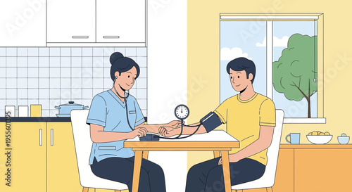 Nurse measuring patient's blood pressure at home, healthcare at home concept