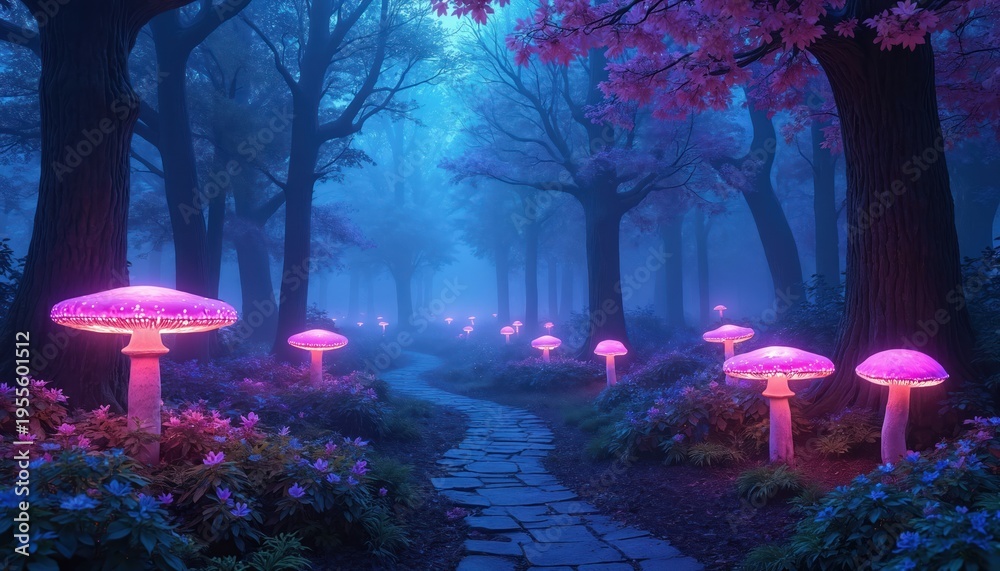 Naklejka premium Magical forest path with glowing neon mushrooms. Surreal blue purple pink woods at night. Fantasy mystical nature landscape with vibrant light.