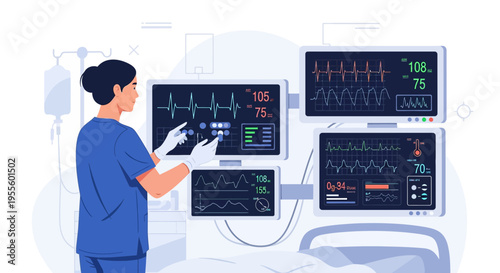 Nurse monitoring patient vital signs on multiple screens in hospital intensive care unit