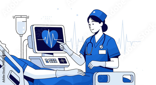 Nurse monitoring patient's heart rate on EKG monitor in hospital room