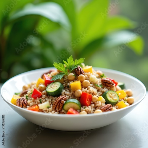 Healthy brown rice salad with chickpeas, zucchini, bell peppers, pecans, and parsley. Colorful vegan dish in white bowl, fresh ingredients, ideal for wholesome lunch or dinner.
