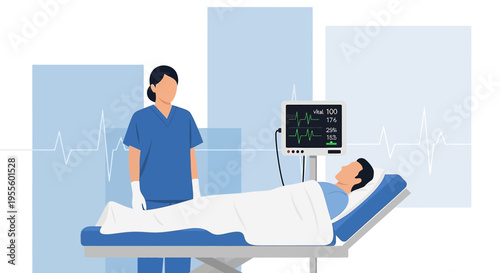 Nurse Monitors Patient in Hospital Bed with Vital Signs Monitor