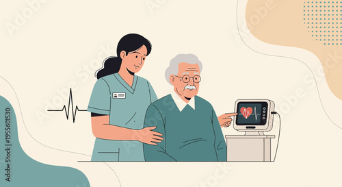 Nurse monitors elderly patient's heart rate on monitor, medical checkup, healthcare concept