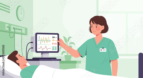 Nurse monitors patient's vital signs on EKG machine in hospital room