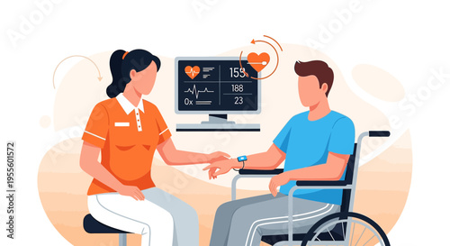 Nurse monitors patient's vital signs on computer screen, healthcare technology concept