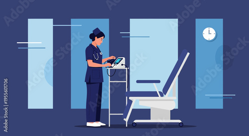 Nurse Operating Medical Equipment Near Examination Chair in Clinic