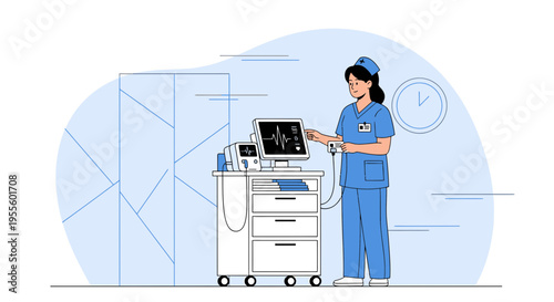 Nurse operating medical equipment, vital signs monitor, healthcare, hospital, technology