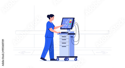 Nurse operating medical equipment, vital signs monitor in hospital room, healthcare technology