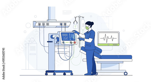 Nurse operating medical ventilator in intensive care unit, modern hospital equipment, life support concept