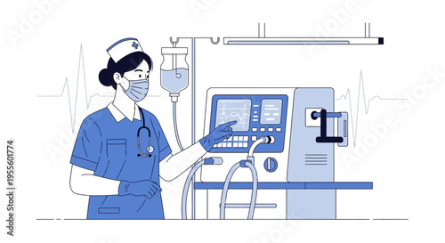 Nurse operating ventilator machine in hospital, medical equipment, healthcare concept