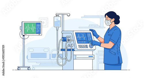 Nurse Operating Ventilator Machine in Intensive Care Unit, Medical Equipment