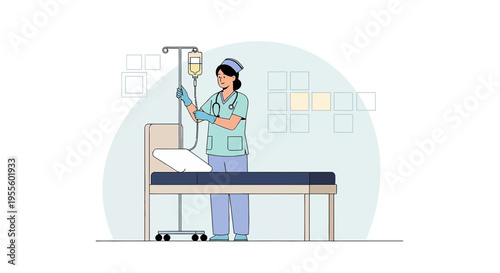 Nurse Preparing IV Drip in Hospital Room with Bed and IV Stand