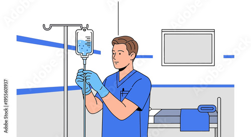 Nurse preparing IV drip in hospital room with patient bed and monitor