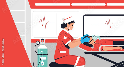 Nurse providing emergency medical care to patient in ambulance with vital signs monitor