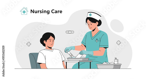 Nurse providing medical care to patient, nursing care concept illustration