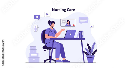 Nurse providing online consultation via video call, healthcare technology, remote patient care