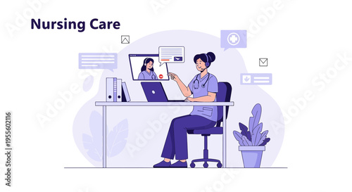 Nurse providing online consultation via video call on laptop, telemedicine concept