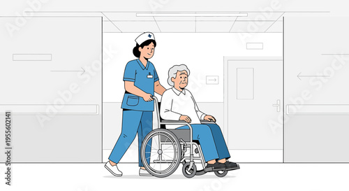Nurse pushing elderly patient in wheelchair down hospital corridor