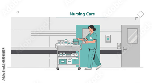 Nurse pushing medical cart with supplies in hospital corridor