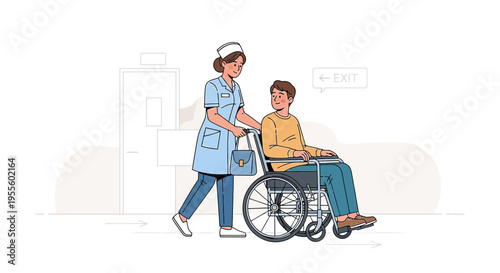 Nurse pushing patient in wheelchair towards exit in hospital hallway