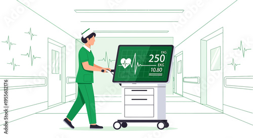 Nurse pushing medical monitor cart in hospital hallway with ECG display
