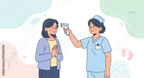 Nurse taking a woman's temperature with an infrared thermometer, healthcare checkup