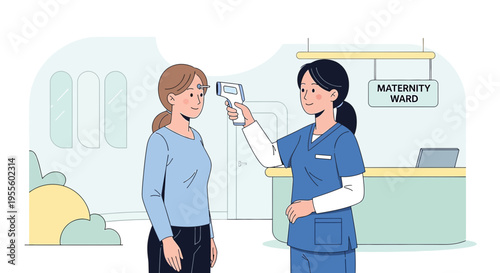 Nurse takes patient's temperature with infrared thermometer at maternity ward entrance