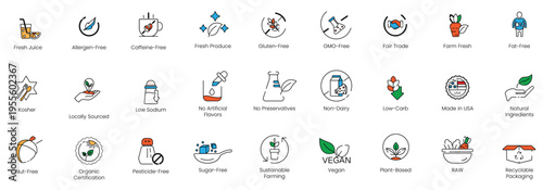Extensive collection of 27 dietary requirement and eco-friendly packaging vector line icons, featuring vegan, gluten-free, organic certification, and allergen-free badges for healthy food labels.
