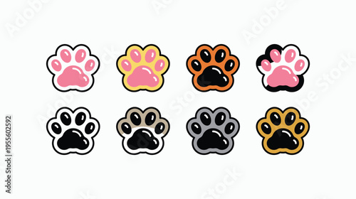 Cute paw prints in various colors and styles. Playful design for kids or animal lovers. Each print shows a soft, rounded shape. Ideal for baby products or pet-themed projects