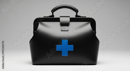 Minimalist First Aid Kit Design Featuring a Blue Cross on a Black Background
