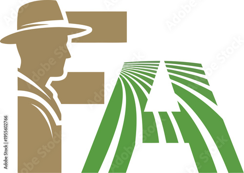 Farmer Silhouette Logo F as Worker, A as Crop Rows for Human Farming