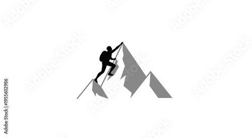 Silhouette of a climber ascending a rocky mountain peak against a stark white background