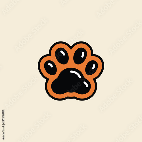 Orange paw print with glossy black pads. Simple, stylized design on soft beige background. Ideal for pet-related branding or playful graphics. Perfect for apps, websites, or children's materials