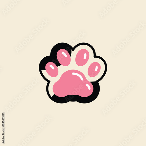 Soft pink paw print on beige background. Cute, simple design with black outline. Ideal for pet-related themes or children's content. Perfect for apps, logos, or playful illustrations